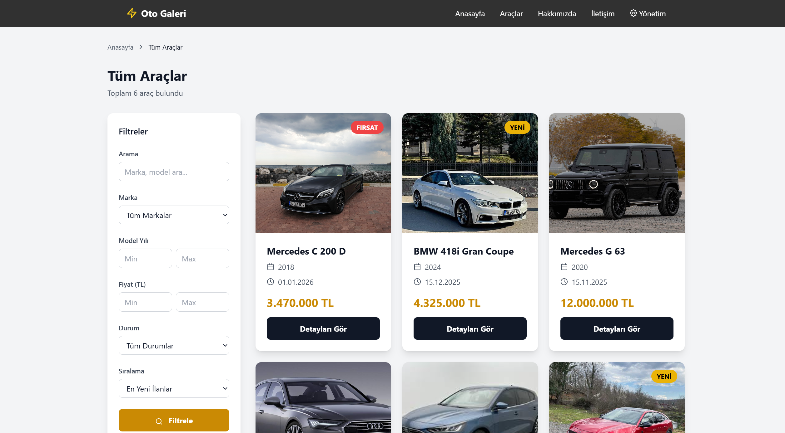 Vora-Galeri - Modern araç galerisi ve satış yönetim sistemi